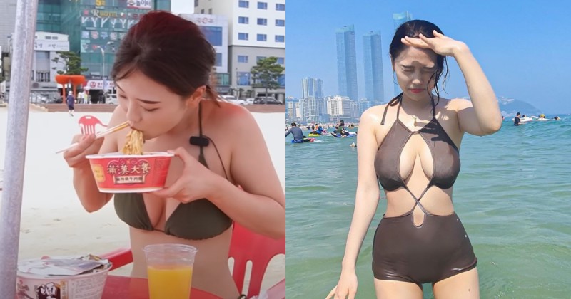 喜歡台灣的韓國女生 Judy 海灘換「爆乳比基尼」猛嗑滿漢大餐