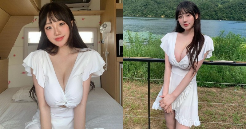 20 歲「南韓巨乳妹」房車旅行慶生！純白小洋裝也包不住「兇猛豪乳」！