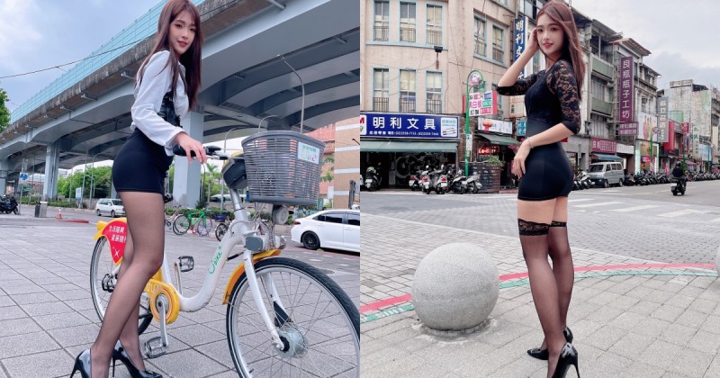 街頭偶遇「美腿黑絲 OL」騎共享單車！讓人好想看清楚「神秘領域」！