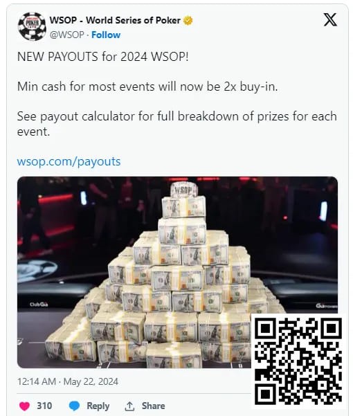 【EV 扑克】2024 年 WSOP 奖金结构升级，蕞低可拿到两倍门票钱