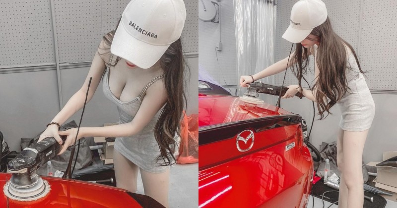 白皙長腿妹「彎腰爆乳」替汽車美容！「超火辣 F 奶」呼之欲出，網友大讚：想一起拋光