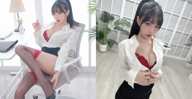 團拍專屬！性感 OL「啾啾」爆乳秀長腿，「絲襪勾引」牽魂上班族！