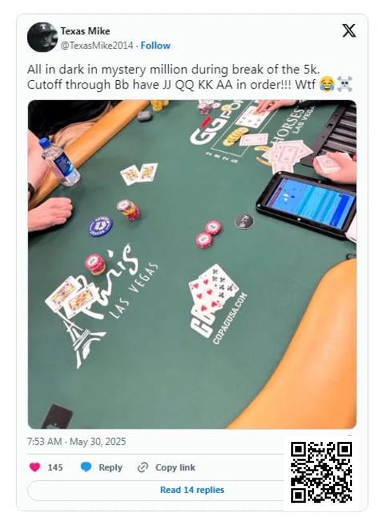 【EV 扑克】WSOP 的神奇时刻：Michael Moncek 在盲注位全下，没想到身后有 JJ、QQ、KK 和 AA