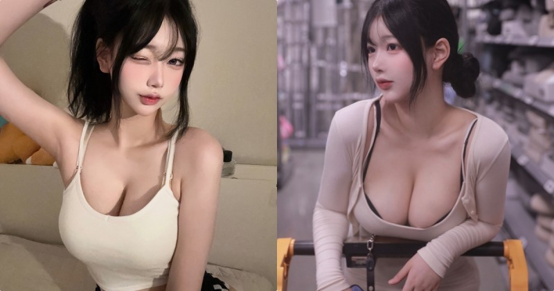 逛賣場遇到「超大車頭燈正妹」，「2 顆渾圓乳球」佔滿畫面了！