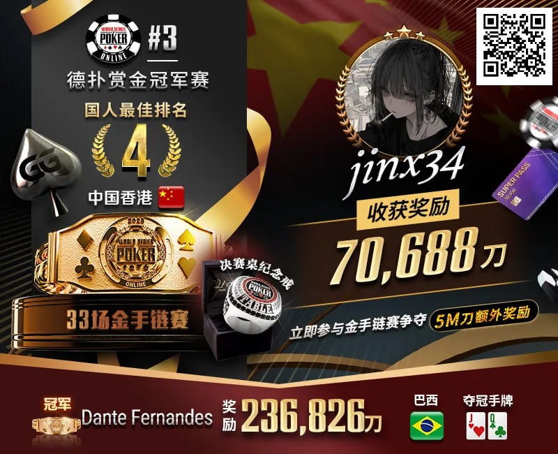【EV 扑克】WSOP 线上金手链｜茅人及斩获赏金赛冠军！中国香港选手“jinx34”夺#4 第四名佳绩