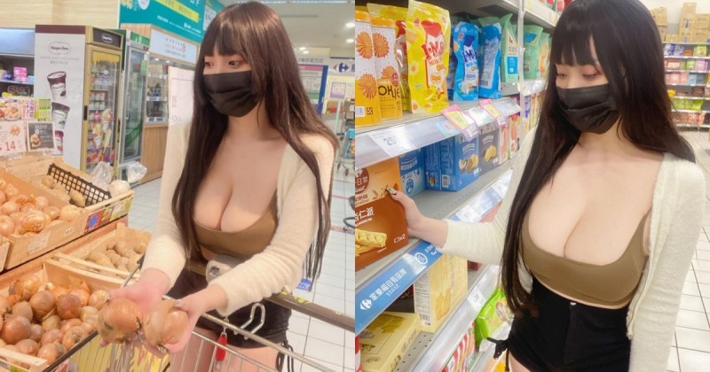 F 奶巨乳運動員「低胸逛超市」！濃濃乳香藏不住，熱褲下「白嫩美腿」若隱若現！