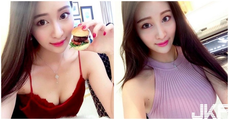正妹穿火辣深 V 裝吃漢堡，酥胸一露就好傲人啊！
