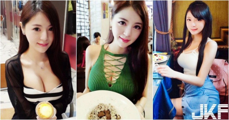 食指大動啦！「E 奶正妹」低胸洋裝分享美食！「渾圓雪乳」遠比食物更美味！