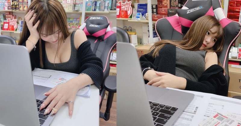 【蜗牛娱乐】加班到厭世！「童顏大波妹」穿休閒背心上班，偷懶放空吃冰棒全被同事拍下來啦！