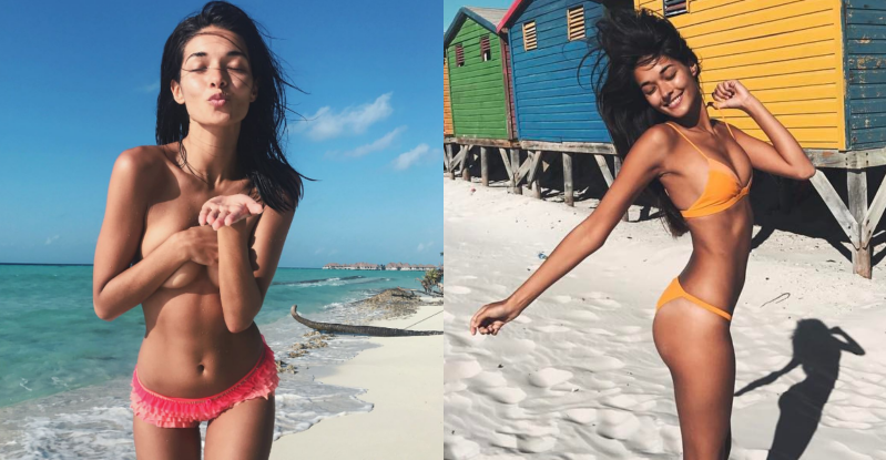 【蜗牛娱乐】陽光沙灘沒有比基尼！「性感正妹」身體力行海島風情　捧嫩乳做日光浴