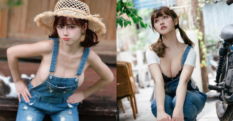 【蜗牛娱乐】淘氣正妹「HANHAN」充氣吊帶褲，「兇猛奶量」天下男人來征服！
