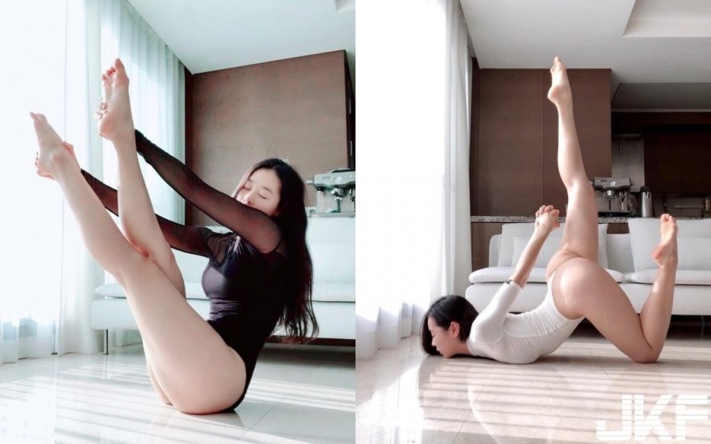 【蜗牛娱乐】大奶瑜珈騷妹「提肛貼乳韻律服」示範拉筋　高難度「翹屁扭曲身體」讓人看得都硬了