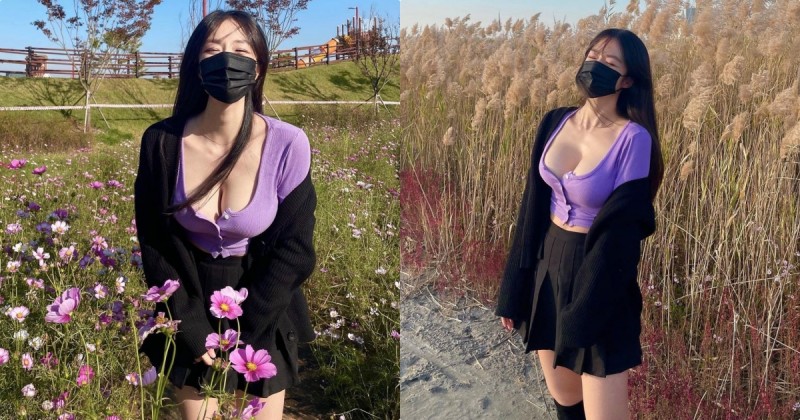 【蜗牛娱乐】穿百褶裙賞花的「超爆乳正妹」，「不怕冷的低胸畫面」好惹火！