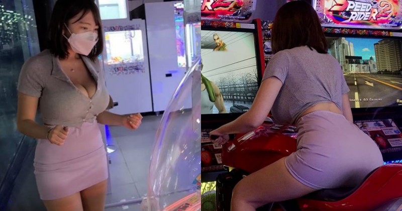【蜗牛娱乐】電玩廳驚見「豪乳翹臀妹」狂打街機！超兇畫面讓網友暴動，緊身衣物都快炸裂啦！