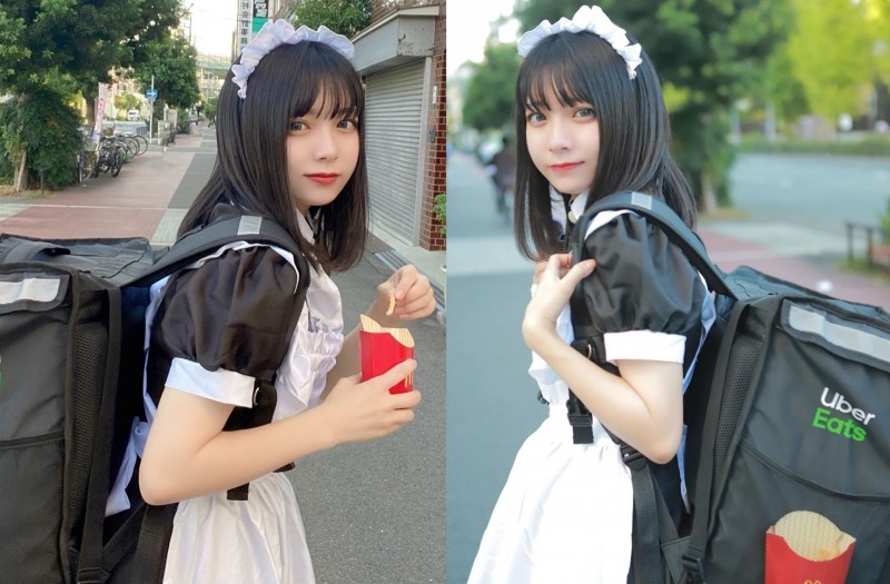 【蜗牛娱乐】UberEats正妹「萌穿女僕裝」甜美送餐　讓人忍不住想怒點一波了