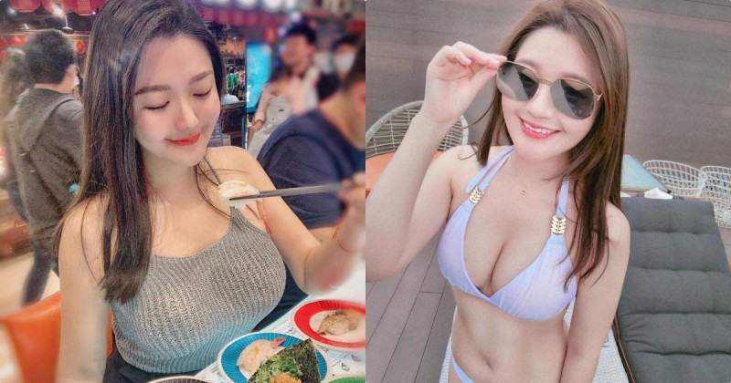 【蜗牛娱乐】正妹「邱比特」板橋吃壽司胸器成焦點，「誘惑車頭燈」要佔滿畫面了～